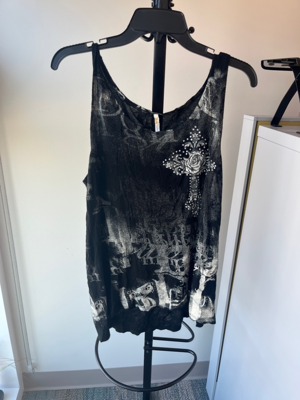 Occasion Black Tank Top with Silver Floral Cross Accent